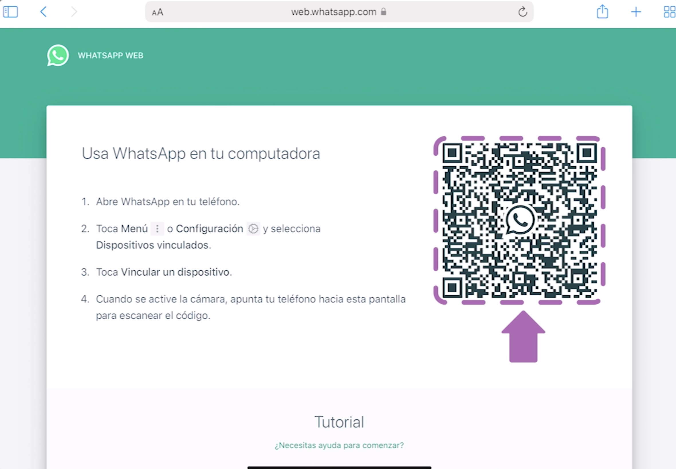 Una vez ingreses, se mostrará un código QR para vincular WhatsApp Web en tu iPad.